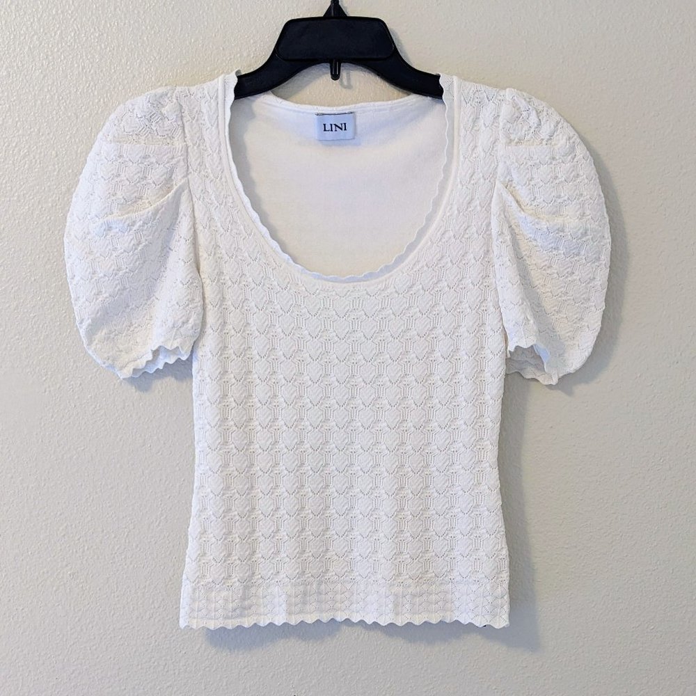 Bloomingdale's LINI White XS Danielle  Puff-Sleeve Pointelle Knit Top